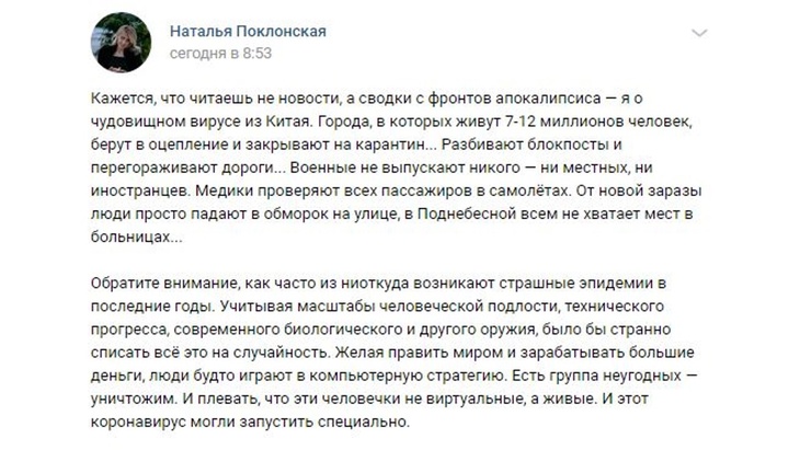Пост Натальи Поклонской в ВК