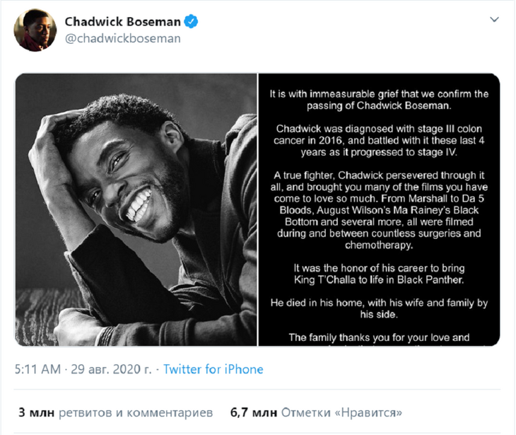 «Достойно короля»: твит о смерти актера стал самым читаемым в истории «Достойно короля»: твит о смерти актера стал самым читаемым в истории