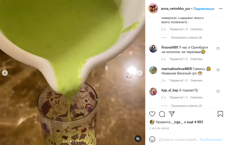 «Веселый суп»: Анна Нетребко показала, как готовить блюдо из конопли