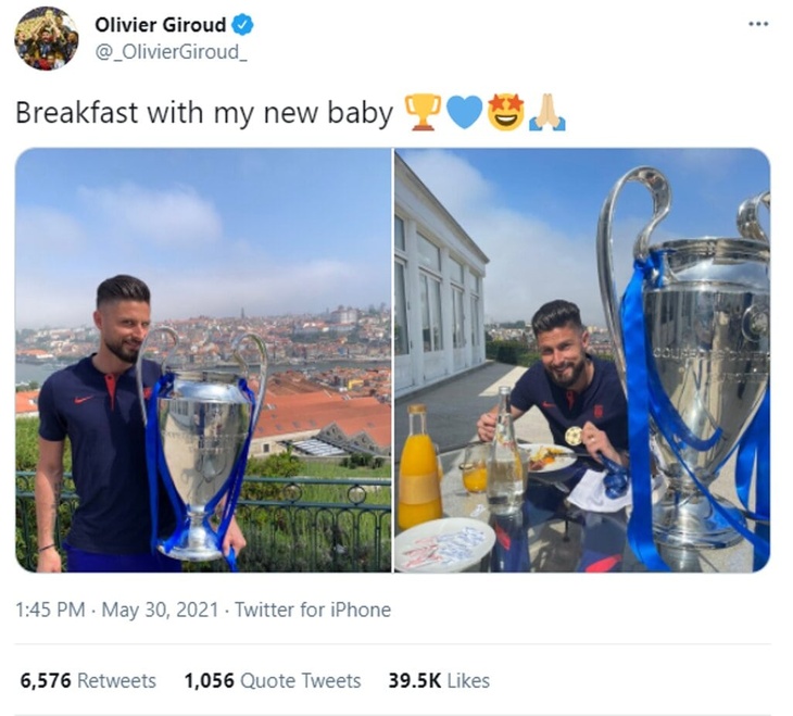 Футболист «Челси» Жиру показал, как завтракает с кубком Лиги чемпионов