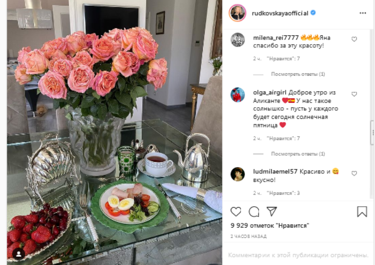 «Спасибо за красоту!»: фанаты в восторге от завтраков Рудковской