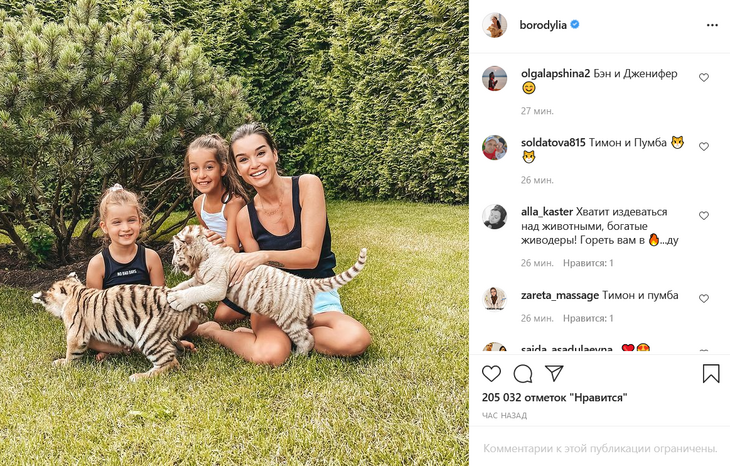 «Богатые живодеры!»: Бородина вместе с дочками поиграла с тигрятами на лужайке у дома