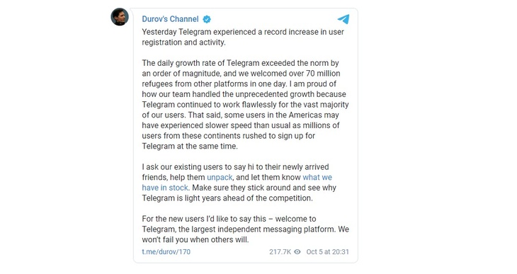 «Работал безупречно»: Дуров заявил о 70 млн новых пользователей Telegram после сбоя соцсетей