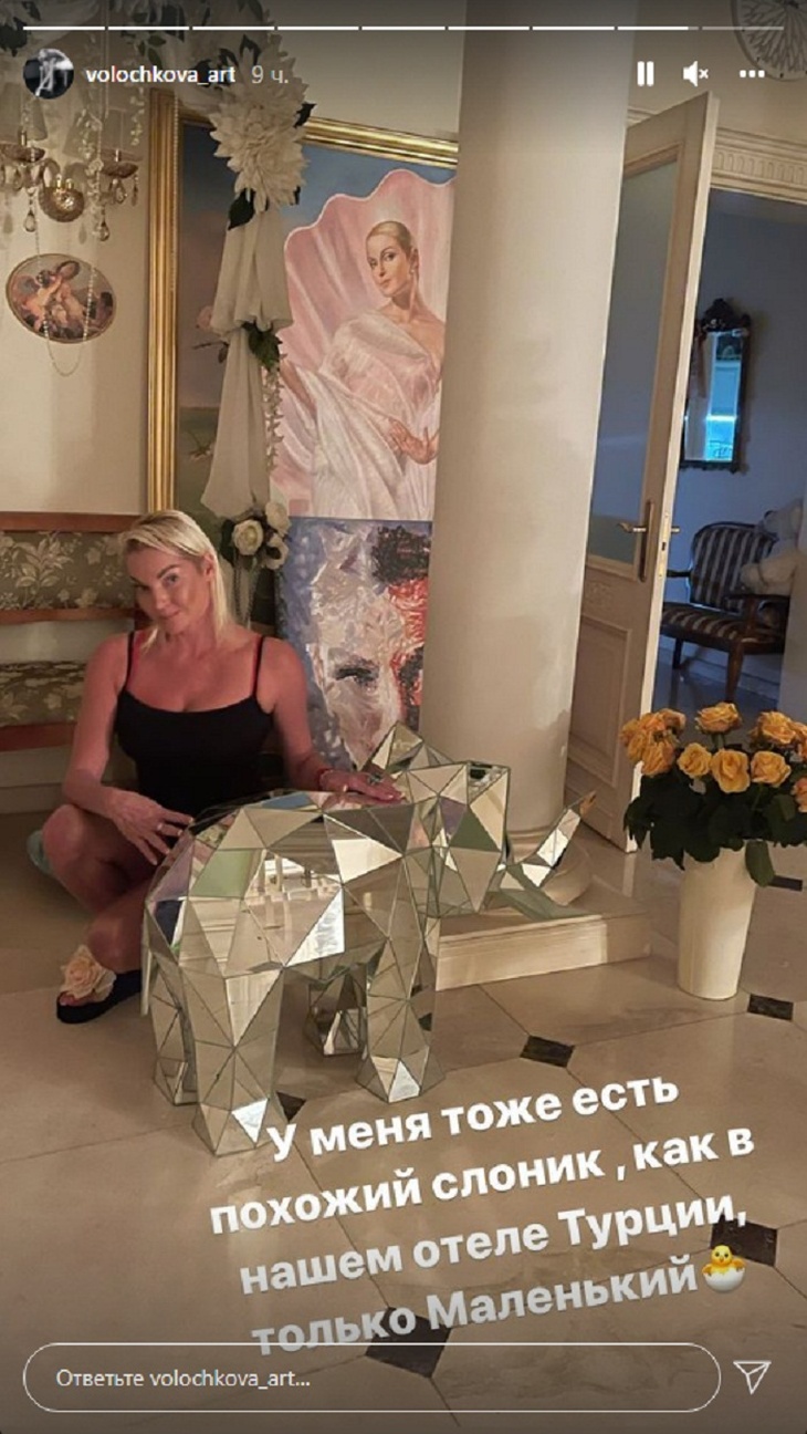 «У меня тоже есть»: Анастасия Волочкова в черном мини на корточках показала своего слоника