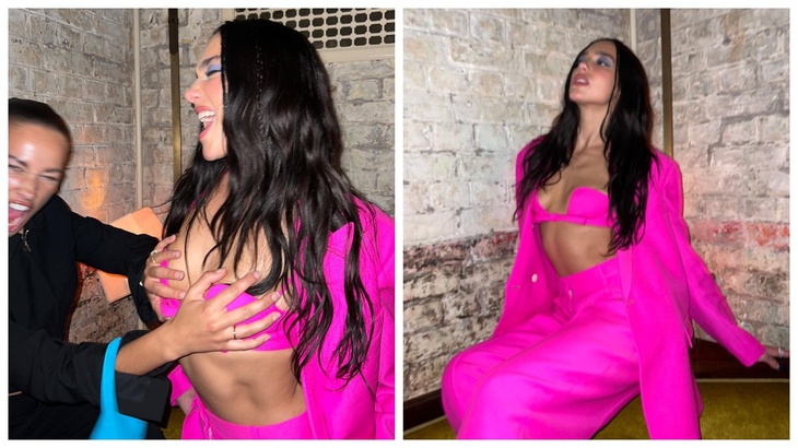 PHOTO: Dua Lipa puts on display her chest in a tiny bra and a pink suit