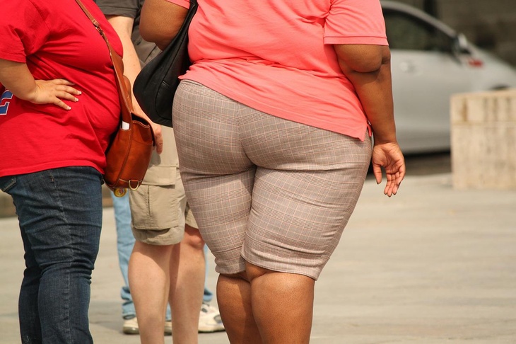 Избыточный вес женщины с жирными ногами, ожирение женского тела на сером фоне